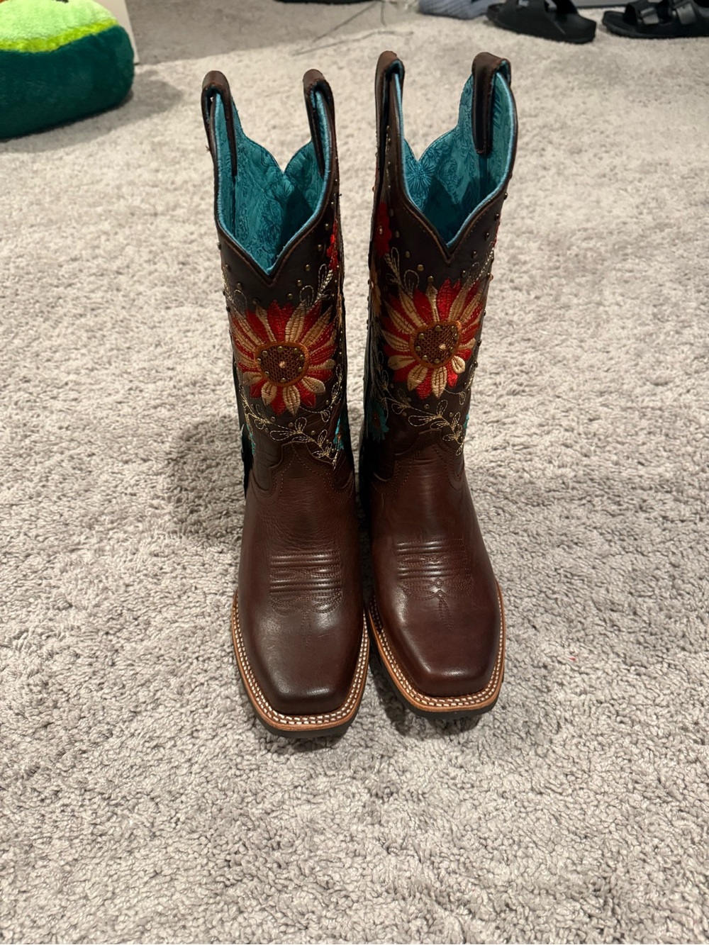 Brown Leather Cowboy Boots with Red Sunflower Embroidery